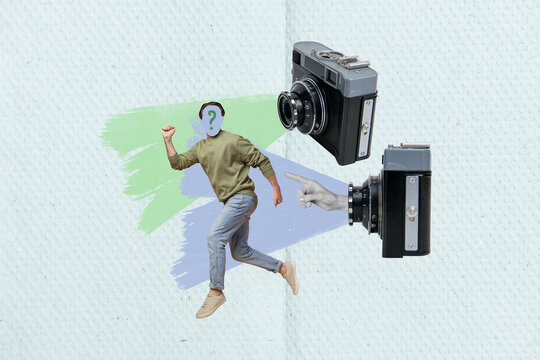 3d retro abstract creative artwork template collage of puzzled guy closed face running away vintage cameras isolated painting background