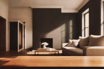 Fototapeta na wymiar Table top with Blurred sofa Home interior decoration