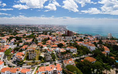 Aerial drone view looking east towards Estoril in Lisbon Region, Portugal