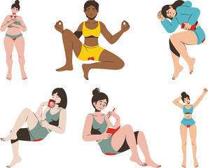 Obraz na płótnie Canvas Vector illustration of a set of different types of women in underwear.
