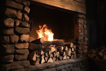 A bright flame burns in the fireplace in the living room. Generative ai.