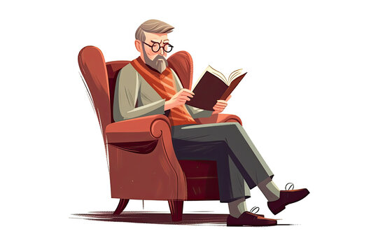 Hobby - reading a book, a man in a chair isolated on a white background. Generative ai.
