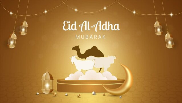 Eid al Adha Mubarak celebration with lantern podium and crescent moon illustration