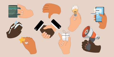 The hands hold: earth, a plant, a pencil, a notebook, a toy in the form of earth, scissors, card, a brush, a magnifying glass. Vector illustration.