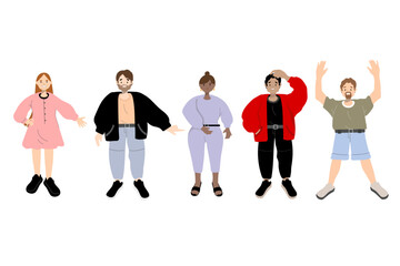 A set of five people,men and women different nationalities ,gestures and emotions. For banners, advertisements, magazines, books, postcsrds, icons.