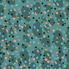 Seamless dotted hand drawn pattern with many color spots. Vector abstract geometric background with round shapes.