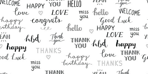 Happy love , thank you, miss you, happy birthday, text pattern. Vector lettering seamless background wallpaper. words: happiness, joy, laugh, love, fun, cheers. Feelings typography texture