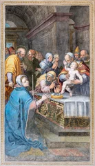 Fotobehang NAPLES, ITALY - APRIL 23, 2023: The fresco of  Presentation of Jesus in the Temple in the church Chiesa di San Giovanni a Carbonara by unknown mannerist painter from years (1570 - 1575). © Renáta Sedmáková