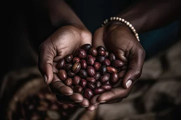 Foto op Plexiglas Coffee beans in black African hands. Generative ai. © Iryna
