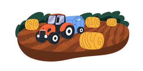 Agriculture tractor at farm field with hay roll, straw, haystacks. Rural machine, harvester works at farmland, agricultural land. Flat graphic vector illustration isolated on white background
