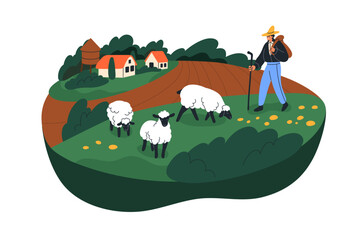 Animal farmer, man shepherd, sheep breeder at livestock farm. Rural country landscape, pasture with herdsman and ewes grazing at countryside. Flat vector illustration isolated on white background