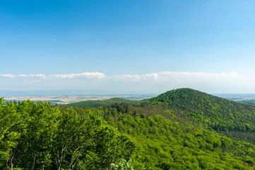 Blick von der Burgruine Guttenberg bei Oberotterbach auf die Landschaft des Pfälzerwaldes. Im Hintergrund die Oberrheinische Tiefebene. Region Pfalz im Bundesland Rheinland-Pfalz in Deutschland
