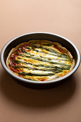 Close up of asparagus quiche in pan food homemade