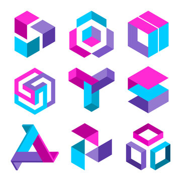 Colorful geometric elements. Group of cubic 3D graphic shapes. Isometric logo design template. Blue, pink and violet color objects. Modern abstract graphics. Brand identity idea. Vector illustration. 