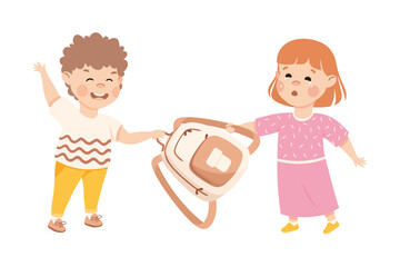 Aggressive bully boy taking away backpack from girl. Bad manners, conflict between kids, bullying, intimidation of weak cartoon vector illustration