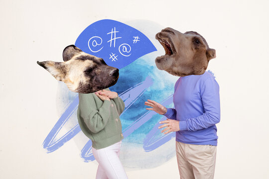 Creative photo collage of stressed bossy camel speech swearing angry his partner hyena abuse screaming isolated on blue drawn background