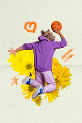 Photo advert collage jumping tiger animal basketball player professional game tournament isolated...