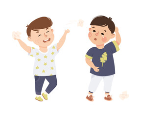 Aggressive bully boy throwing crumpled papers at his crying classmate. Bad manners, conflict between kids, bullying, intimidation of weak cartoon vector illustration