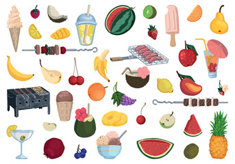Summer food doodles set. Collection of barbecue, fruits, berries, ice cream, cocktails. Colored vector illustration in cartoon style. Modern cliparts isolated on white.