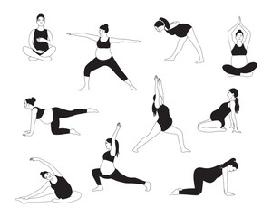 Pregnant woman doing yoga exercise. Different asanas for health and body relaxation. Hand drawn illustration isolated on white background. - obrazy, fototapety, plakaty