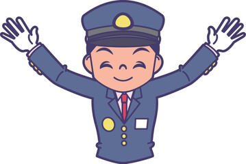 笑顔で両手を上げる車掌