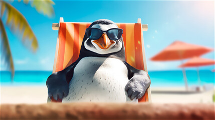 penguin  on the beach in a deck chair with sunglasses, gerenative AI - obrazy, fototapety, plakaty