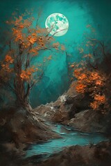Oilpainting of a nice landscape with the Moon