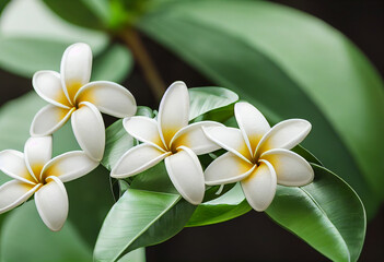 Obraz na płótnie Canvas White frangipani flowers with green leaves in the background 