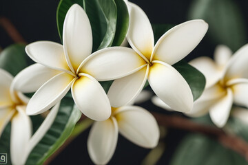 White frangipani flowers with green leaves in the background 