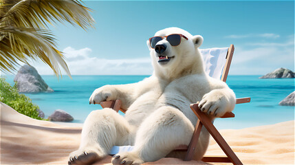 polar bear  on the beach in a deck chair with sunglasses, gerenative AI - obrazy, fototapety, plakaty