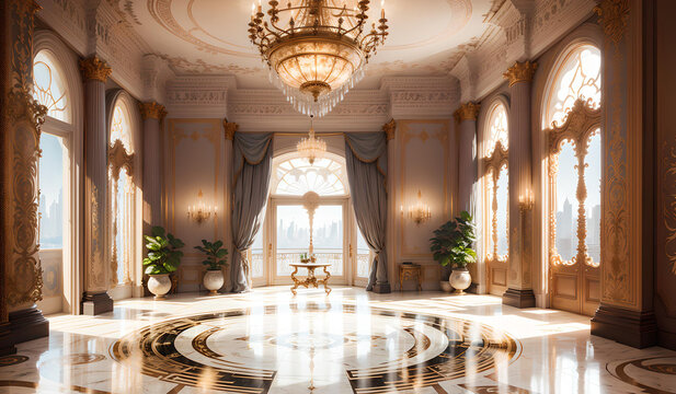 Photo of a grand ballroom with a stunning chandelier and polished marble floor