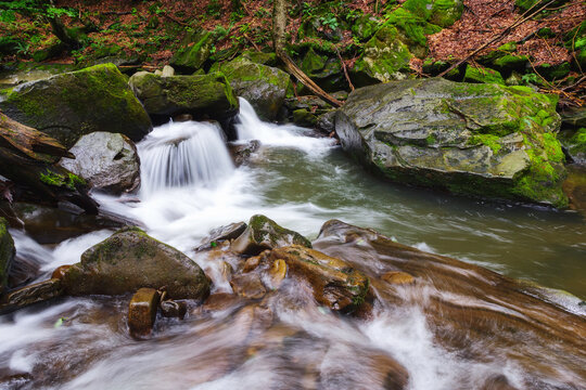 moss covered boulders in the water stream. tranquil nature landscape in the woods