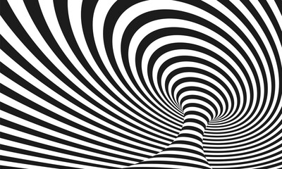 Abstract optical illusion. Hypnotic spiral tunnel with black and white lines. Vector illustration.