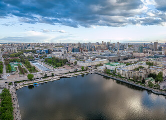 Embankment of the central pond and Plotinka. The historic center of the city of Yekaterinburg, Russia, Aerial View