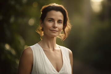 Naklejka premium A photorealistic portrait of a woman in her mid-thirties, with a warm smile and gentle expression, wearing a simple white dress and set against a backdrop of a lush meadow in the early morning li