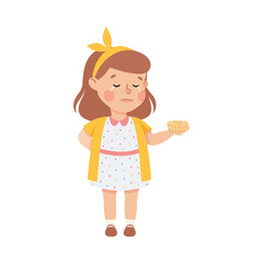 Upset girl with backpack holding cookie in her outstretched hand. Stressed schoolkid. Conflict at school, bullying, intimidation of weak cartoon vector illustration