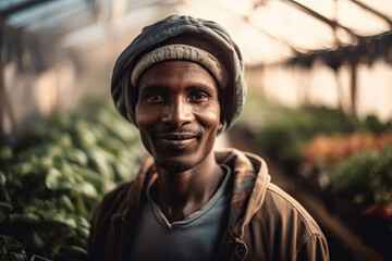 A somali man owner working at the greenhause. Generative AI illustration.