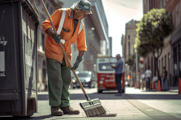 Adult street sweeper cleaning the street. Generative AI illustration.