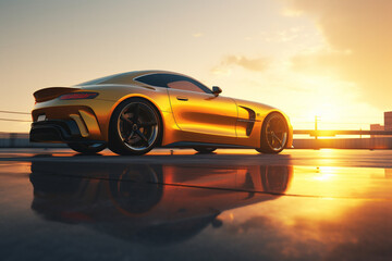 Obraz na płótnie Canvas A realistic sports car sits in a large, empty parking lot, its sleek lines and glossy paint job reflecting the golden rays of the setting sun.