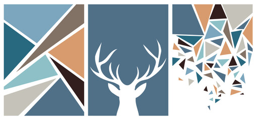 collection of modern simple color posters with deer silhouette and geometric shapes (triangles) on background