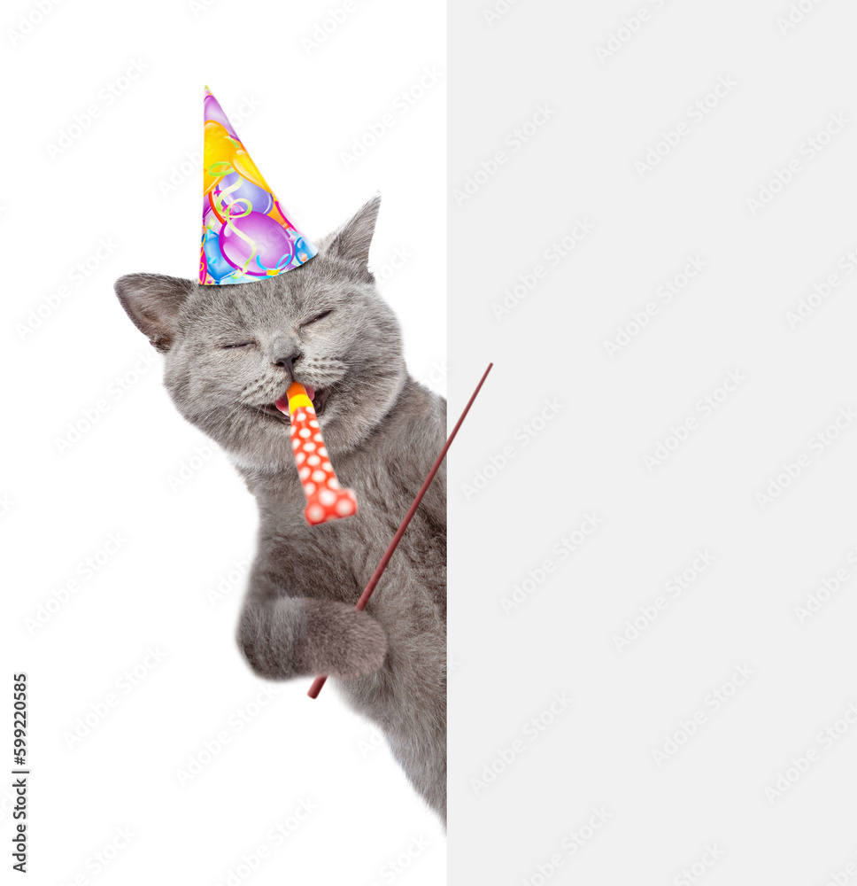 Poster happy cat wearing party cap blows in party horn and points on empty white banner. isolated on white 