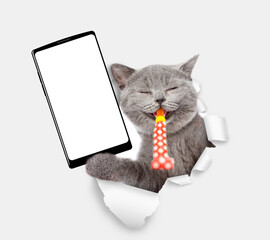 Happy cat blows in party horn and shows smartphone with white blank screen in it paw through torn white paper hole. Empty free space for mock up, banner