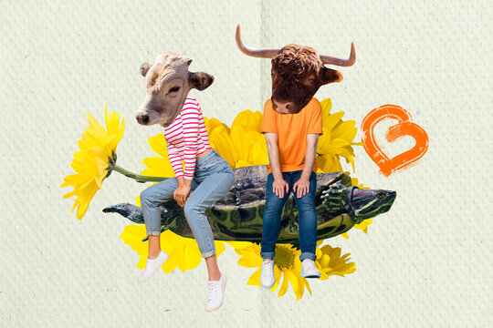 Photo collage of couple buffalo with cow head mask sitting turtle love story springtime nature environment isolated on drawn background