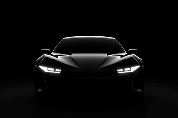 Fototapeta na wymiar Front view dark silhouette of a modern sport black car isolated on black background. Created with Generative AI Technology