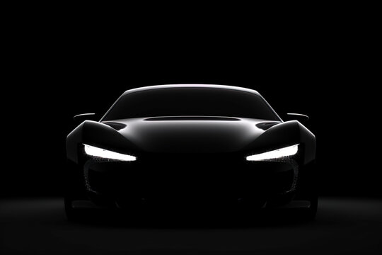 Front view dark silhouette of a modern sport black car isolated on black background. Created with Generative AI Technology