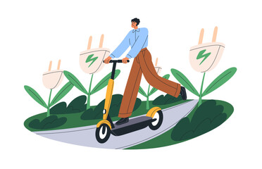 Young man riding electric kick scooter. Modern person driving eco green city urban transport. Male character travels on sustainable vehicle. Flat vector illustration isolated on white background