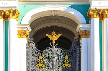Saint-Petersburg, Russia. Golden double-headed eagle coat of arms at the gates of the State...
