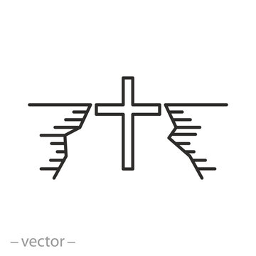 christian cross above abyss icon, salvation path, problem solution, thin line symbol - editable stroke vector illustration