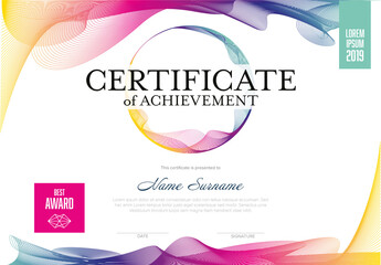 Modern fresh, certificate template layout with rainbow curved lines