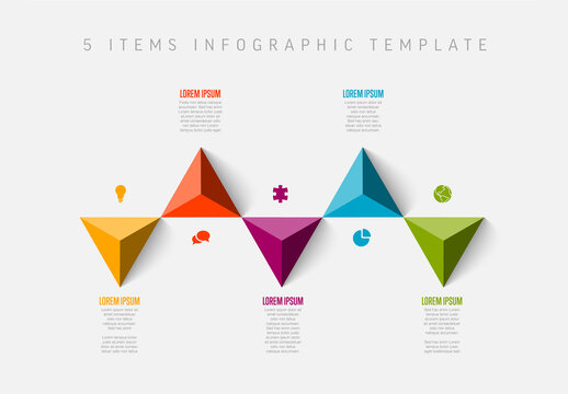 Five horizontal items elements template with icons and triangle arrows